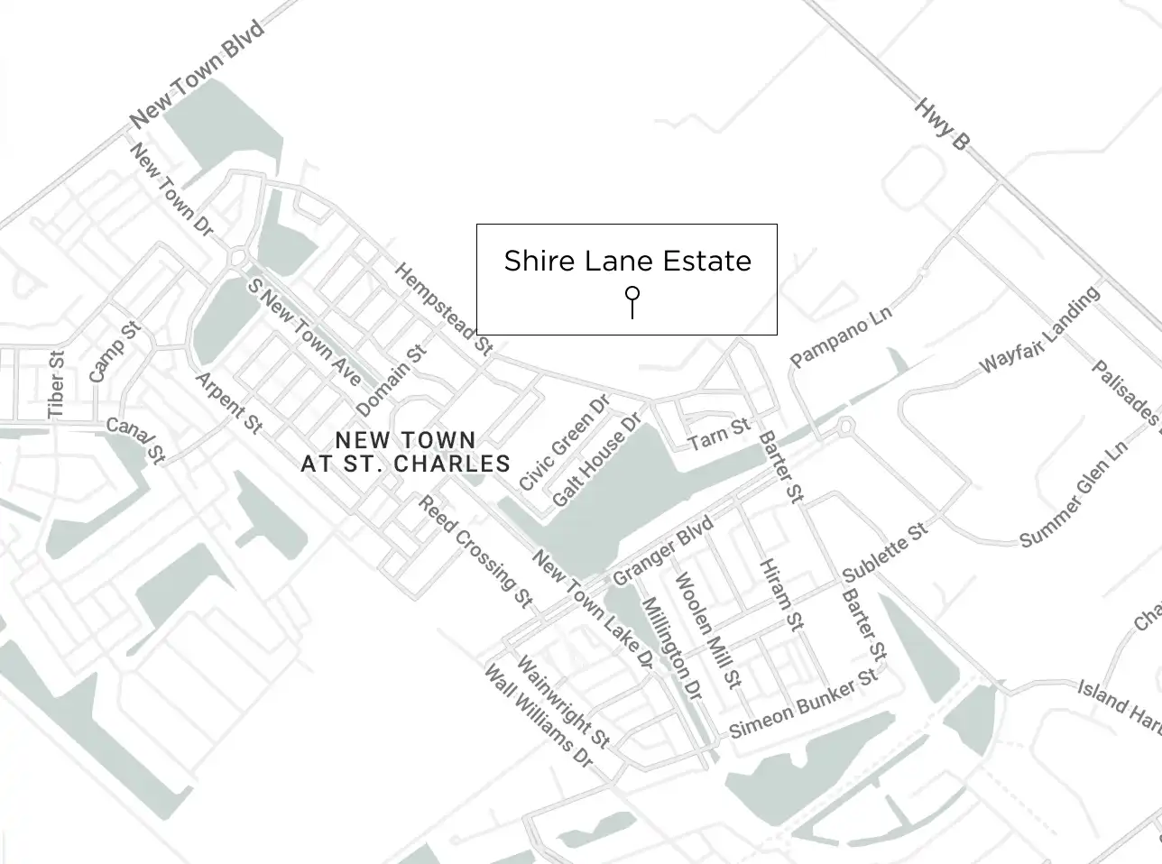 Map showing Shire Lane Estate location in New Town, St. Charles